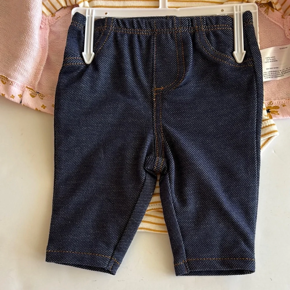 Carter’s Pink and Tan Floral Vest Striped Bodysuit and Pant Set - Picture 7 of 16